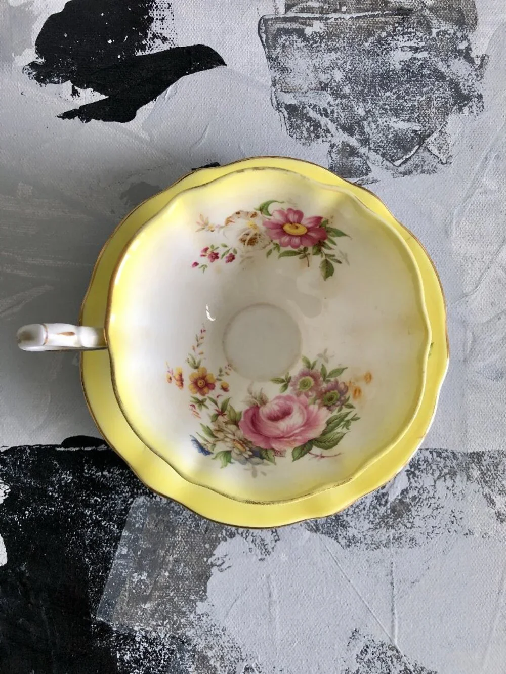 Queen Anne Bone China Yellow Teacup and Saucer, Rose Pattern